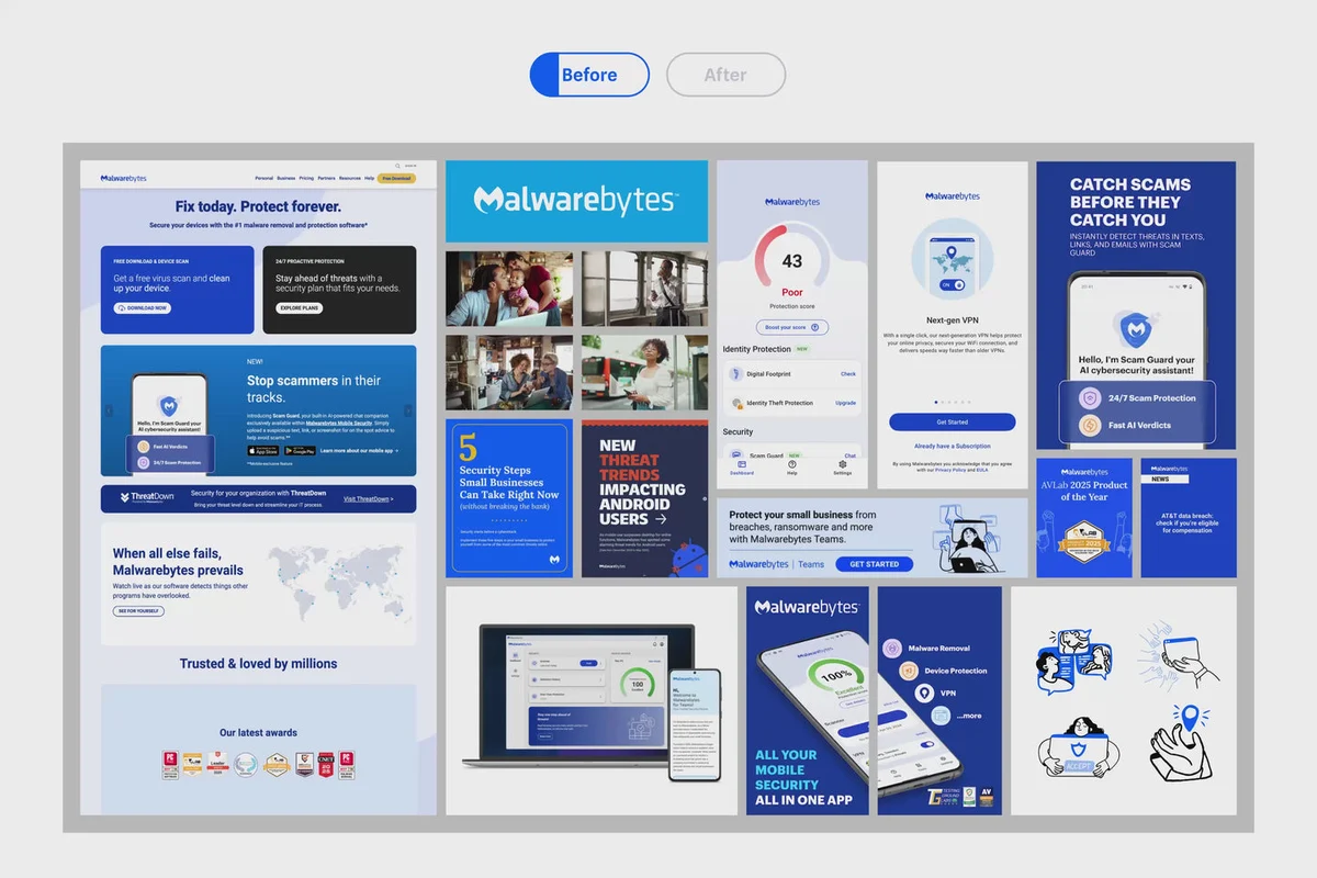 Overzicht van Malwarebytes-merktoepassingen op web en in print in blauw