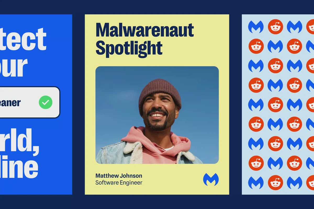 Social post 'Malwarenaut Spotlight' met het M-patroon in blauw en geel