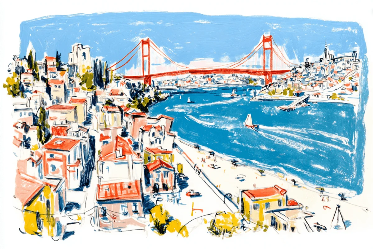 Kleurrijke illustratie van een kuststad met rode daken, een brede blauwe rivier, boten en een grote rode hangbrug over het water onder een heldere lucht.