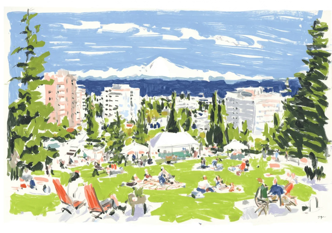 Kleurrijke illustratie van mensen die ontspannen op een grasheuvel in een stadspark, met hoge gebouwen, bomen en een besneeuwde berg op de achtergrond onder een blauwe lucht met wolken.