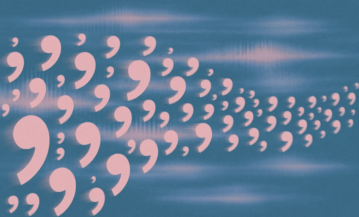 Roze kommavormen die over een turquoise lucht stromen