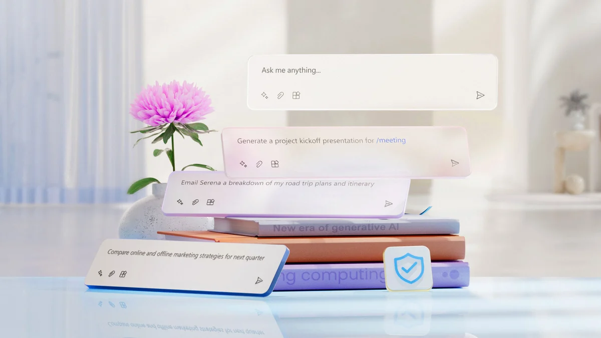 Copilot UI with a pink flower in a soft studio set