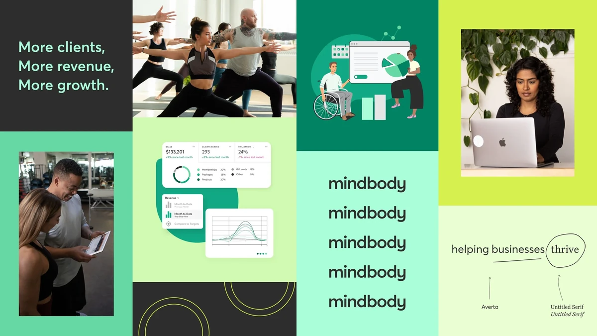 Mindbody-campagnecollage: 'More clients. More revenue. More growth.'