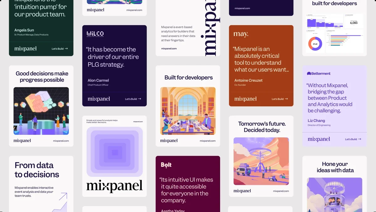 Mixpanel-drukwerk en social posts in paars
