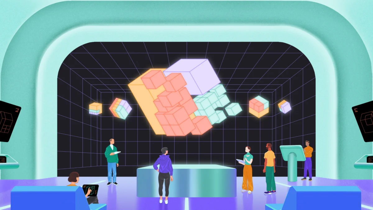 Mixpanel-eventpodium met een reusachtig geïllustreerd scherm