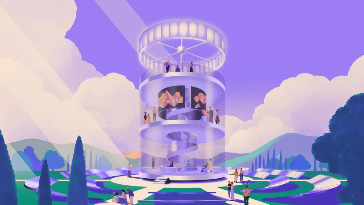Mixpanel-illustratie van een glazen toren in pastelwolken
