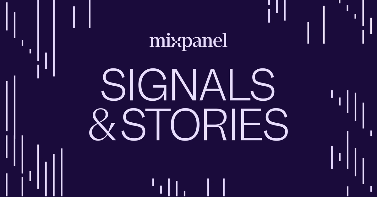 Mixpanel-titel 'Signals & Stories' in wit op paars