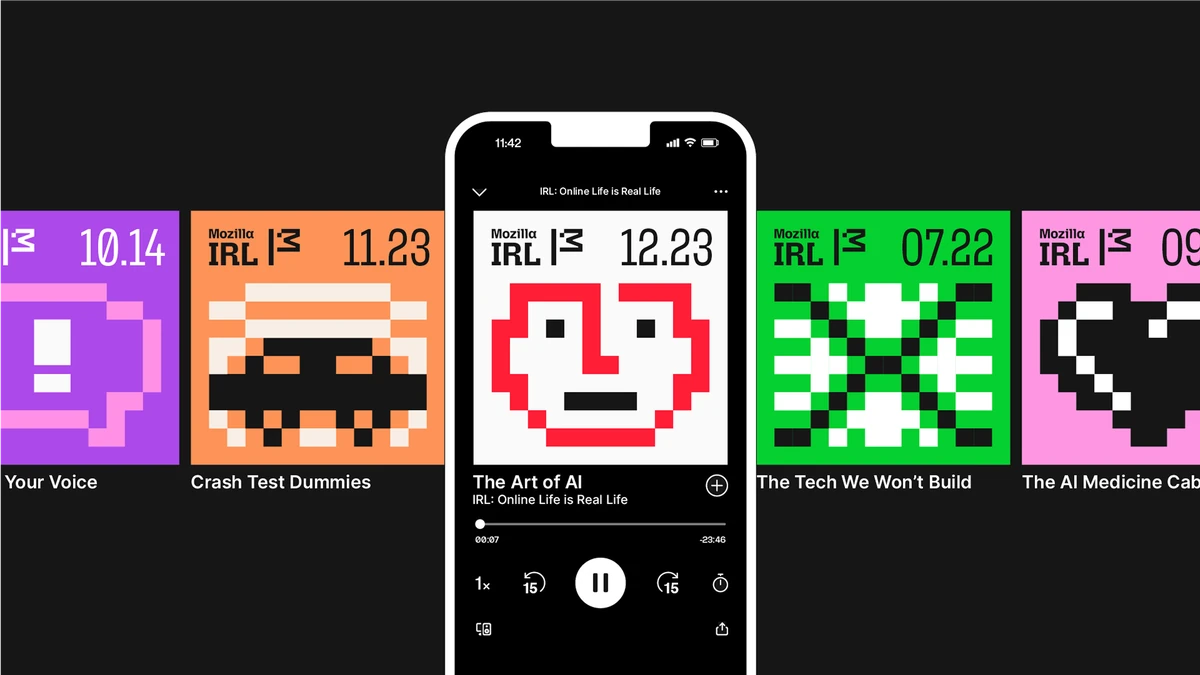 Phone and pixel-art tiles showing Mozilla's playful digital brand applications