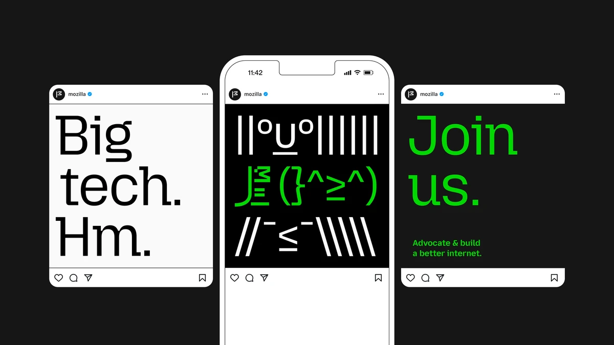 Mozilla social posts: 'Big tech. Hm.' and 'Join us.' with pixel-type symbols