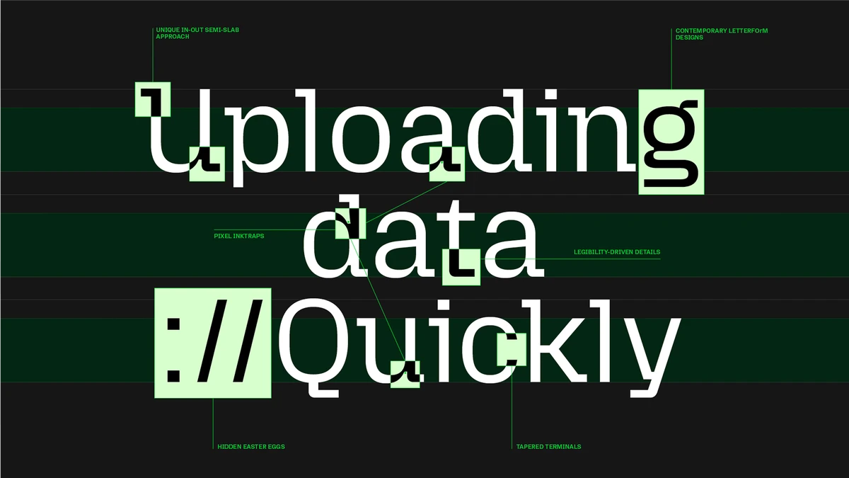 'Uploading data ://Quickly' in Mozilla's pixel-style typography on dark green