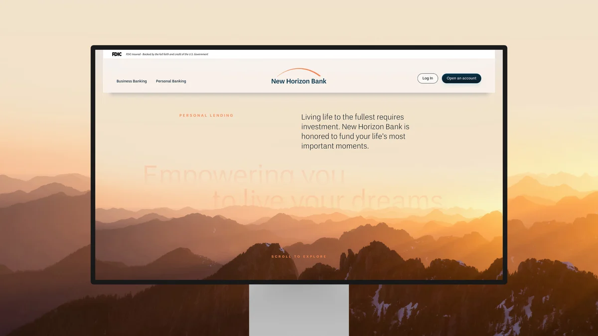 Website van New Horizon Bank op een desktop met een landschap bij zonsondergang