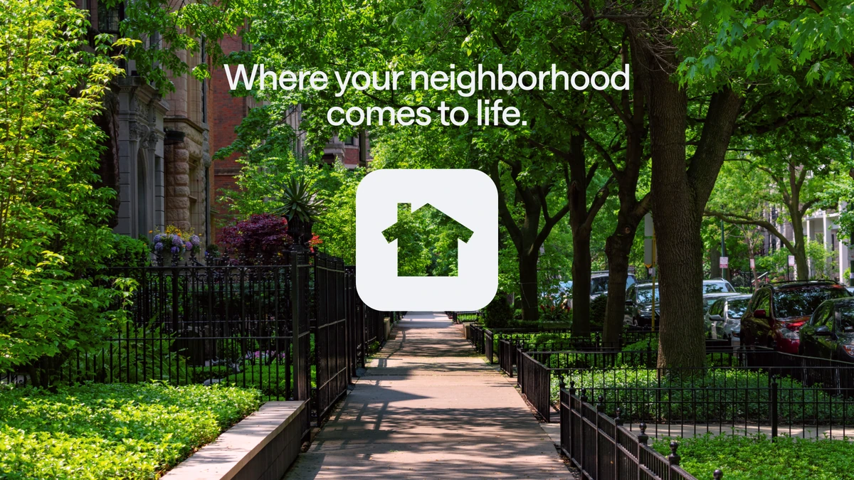 Nextdoor app icon over a leafy neighbourhood street: 'Where your neighborhood comes to life'