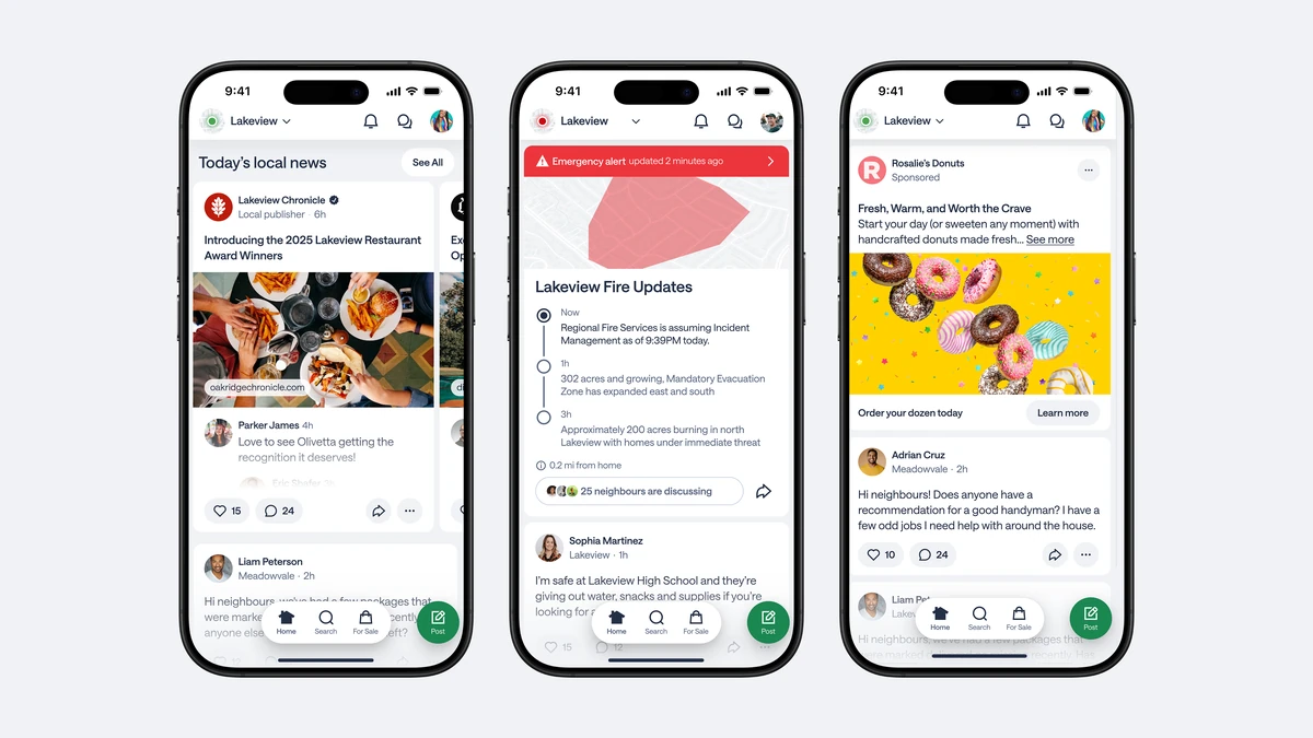 Three phones showing the redesigned Nextdoor feed