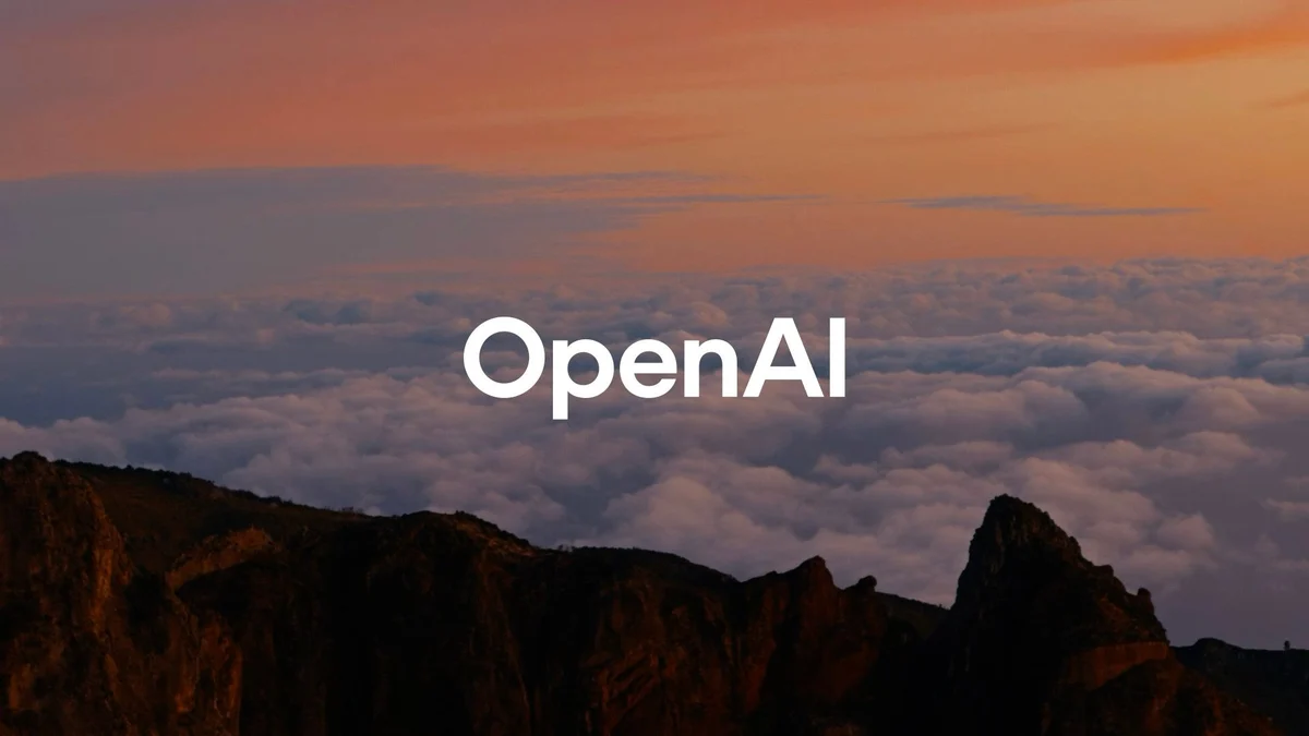 White OpenAI wordmark over a sunrise above clouds
