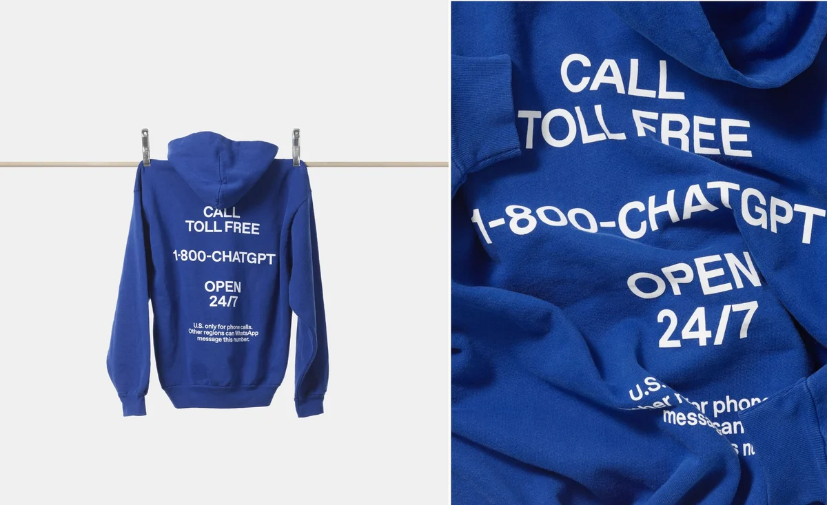 Blue hoodies printed 'Call toll free 1-800-ChatGPT'