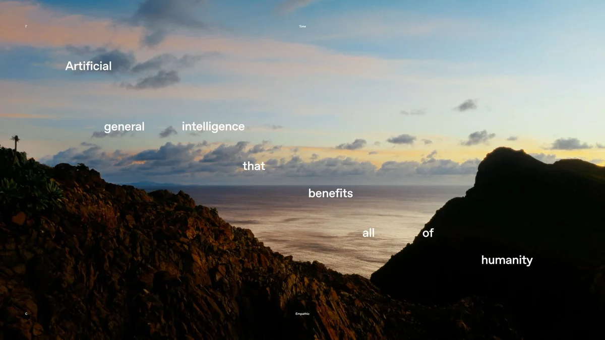 OpenAI website hero over a coastal sunset landscape