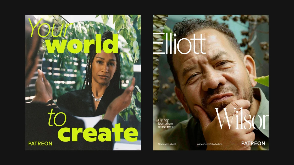 Patreon campaign layouts with creator portraits: 'world to create'