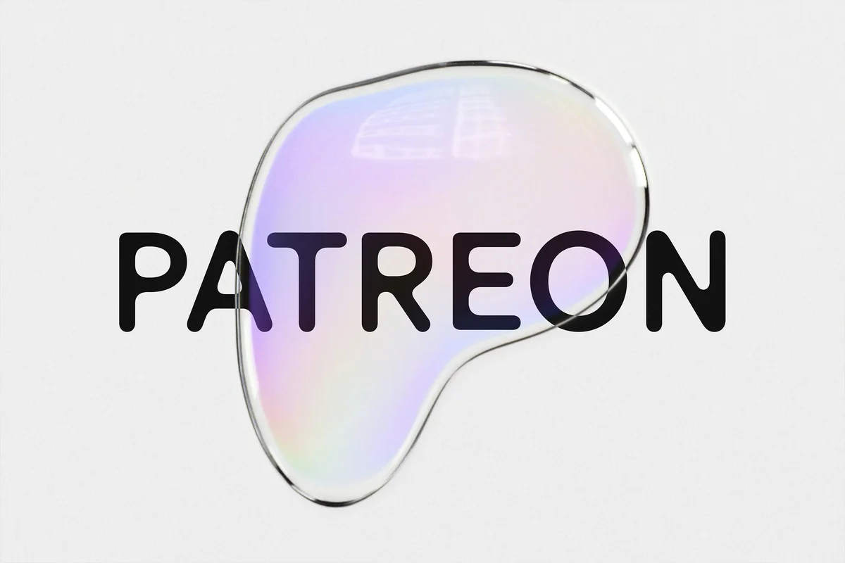 Patreon wordmark set over an iridescent, glassy blob shape on white