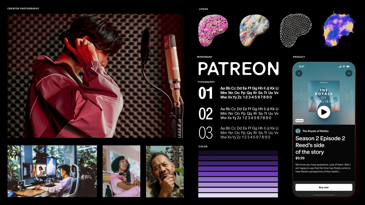 Patreon creator page layout with photos, artwork and a dark purple panel