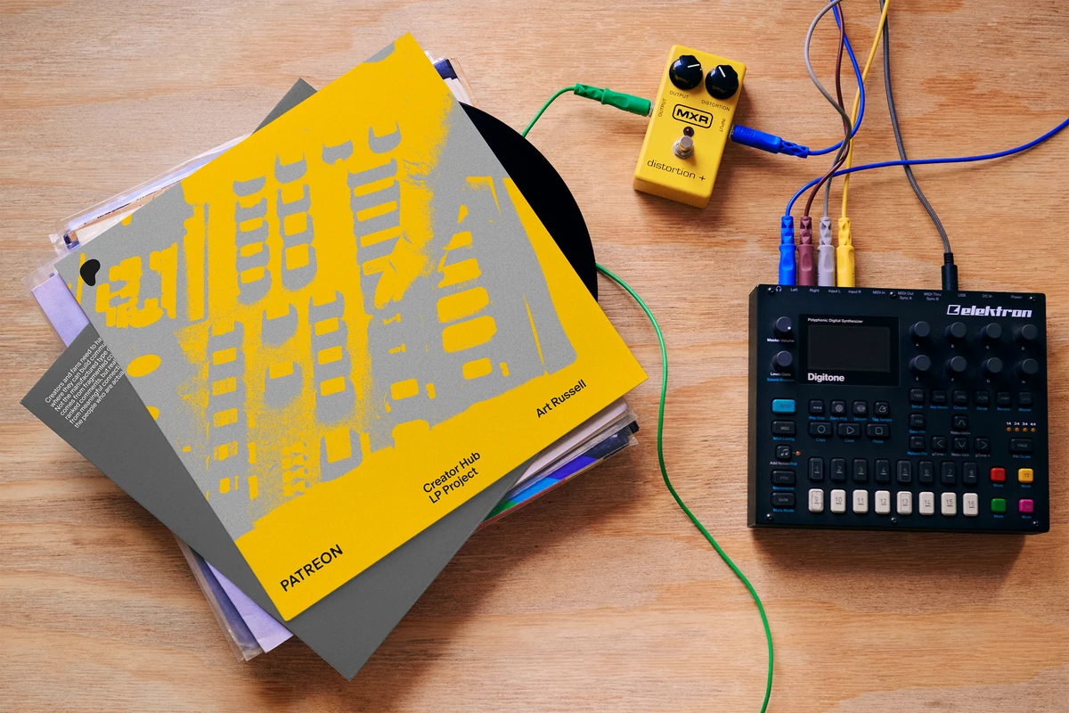 Patreon printed materials on a desk next to a synth and effects pedal