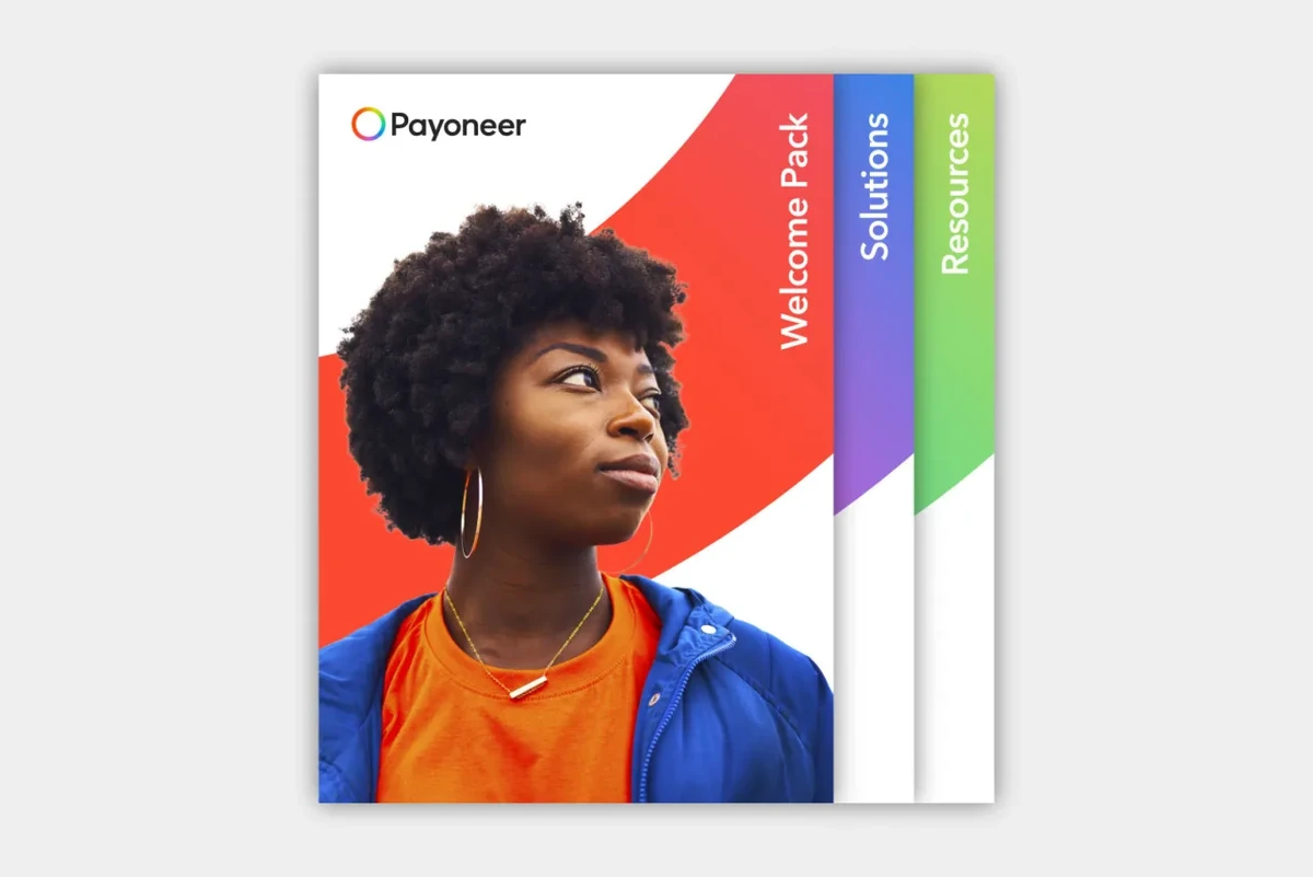 Payoneer brochure with a portrait on a colour band