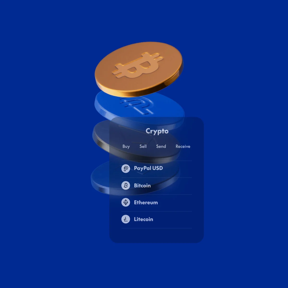PayPal crypto app screens floating on blue