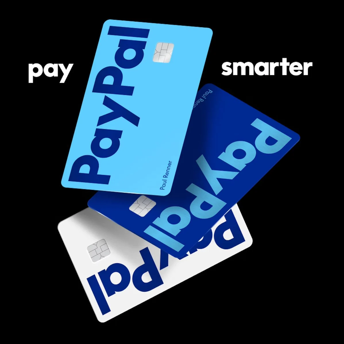 Stack of blue PayPal cards: 'pay smarter'