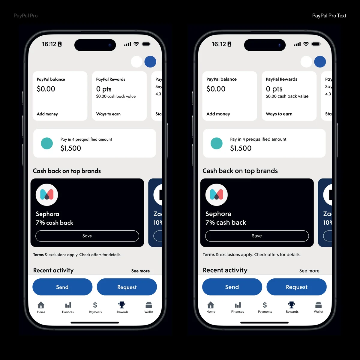 Two phones showing the redesigned PayPal app