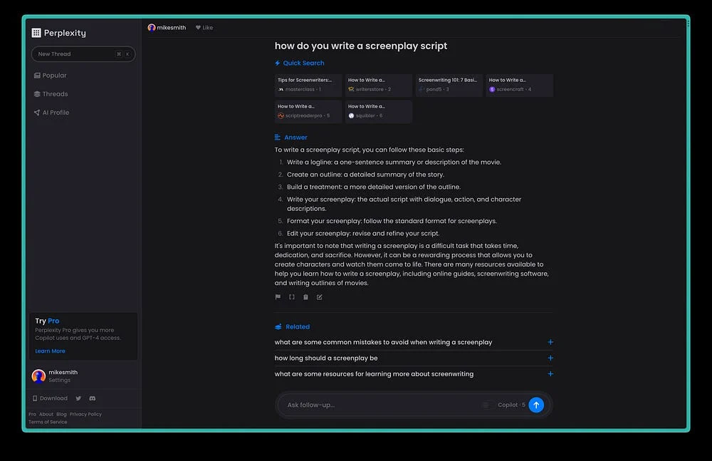 Perplexity-app in donkere modus