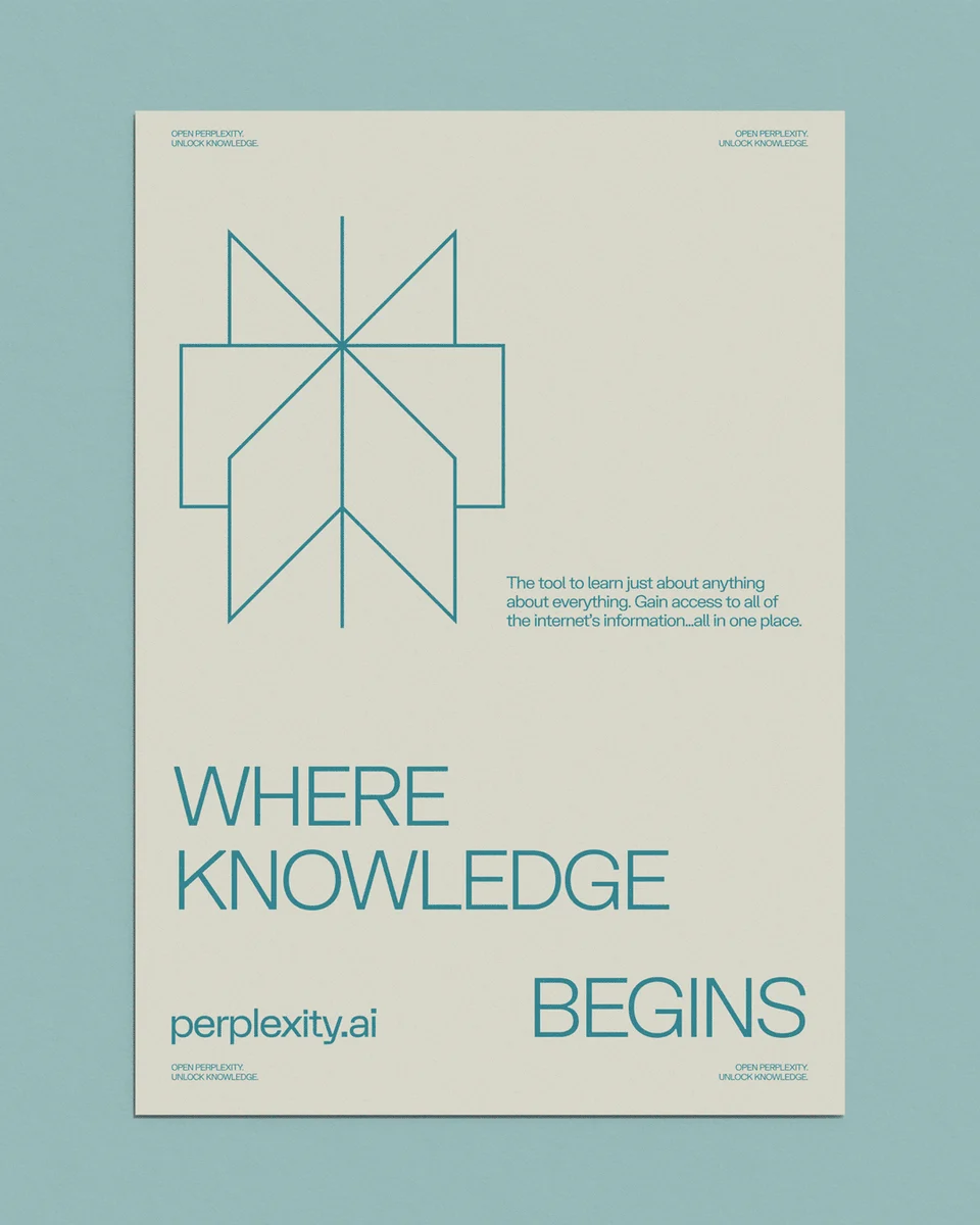 Perplexity-poster: 'Where knowledge begins' met het lijnsymbool