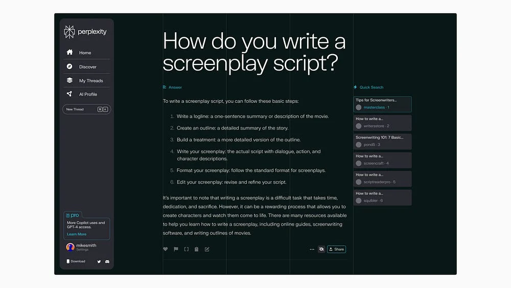 Perplexity-antwoordscherm in donkere modus: 'How do you write a screenplay script?'