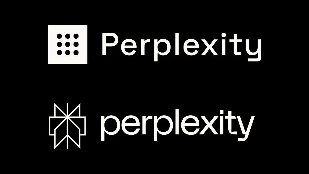 Oude en nieuwe Perplexity-logo's gestapeld op zwart