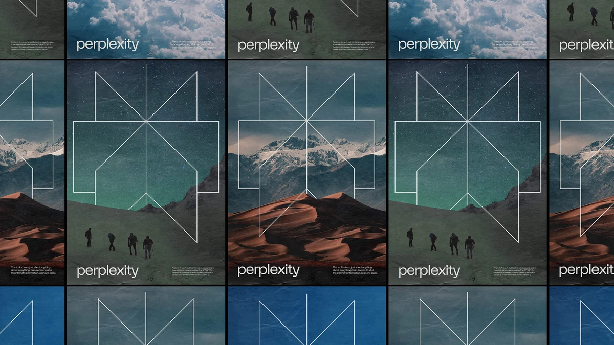 Raster van Perplexity-posters met het symbool boven landschappen