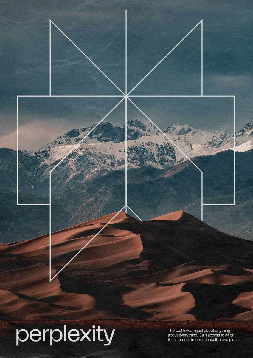 Perplexity-poster met het symbool boven een bergfoto