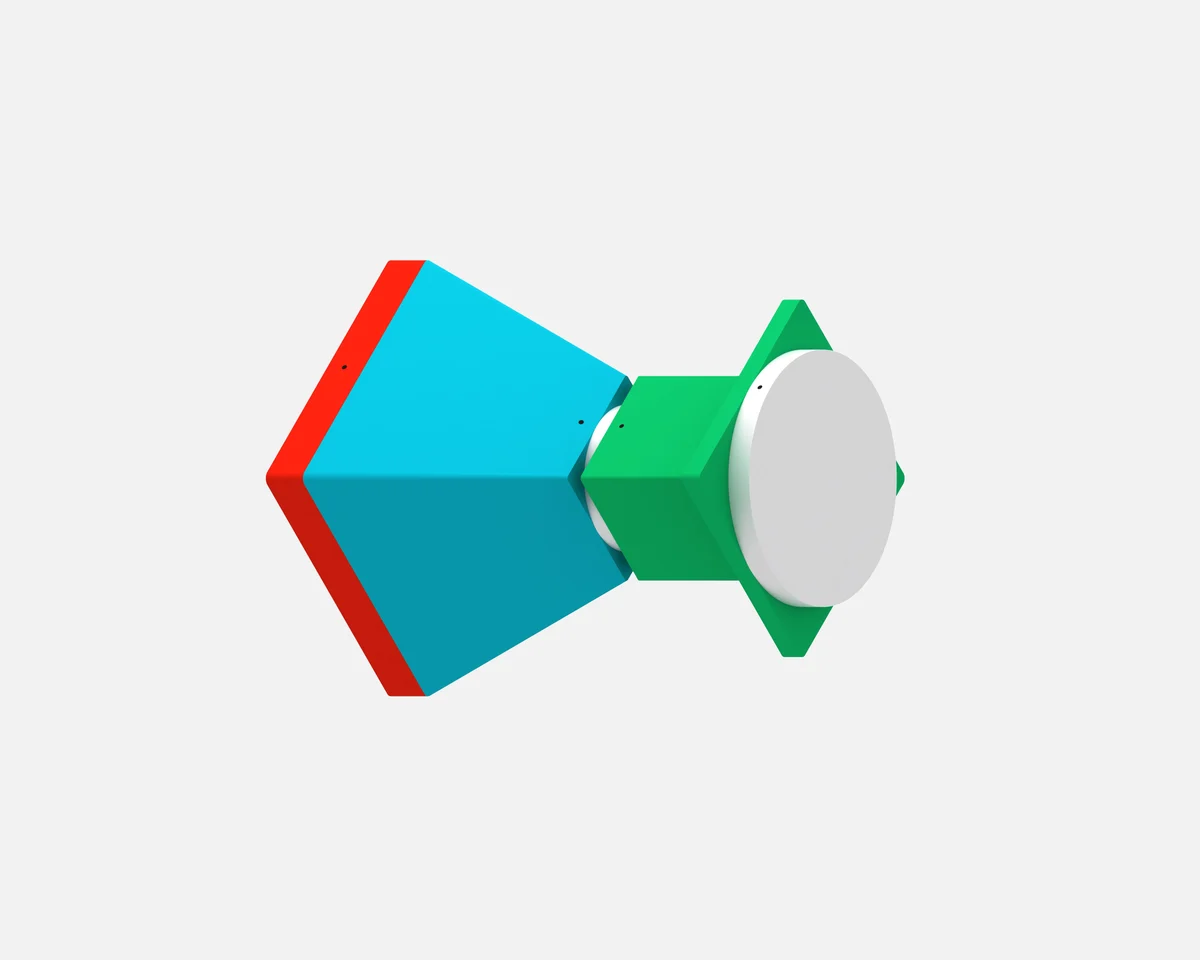 Pienso-funnelrender in turquoise en rood op wit