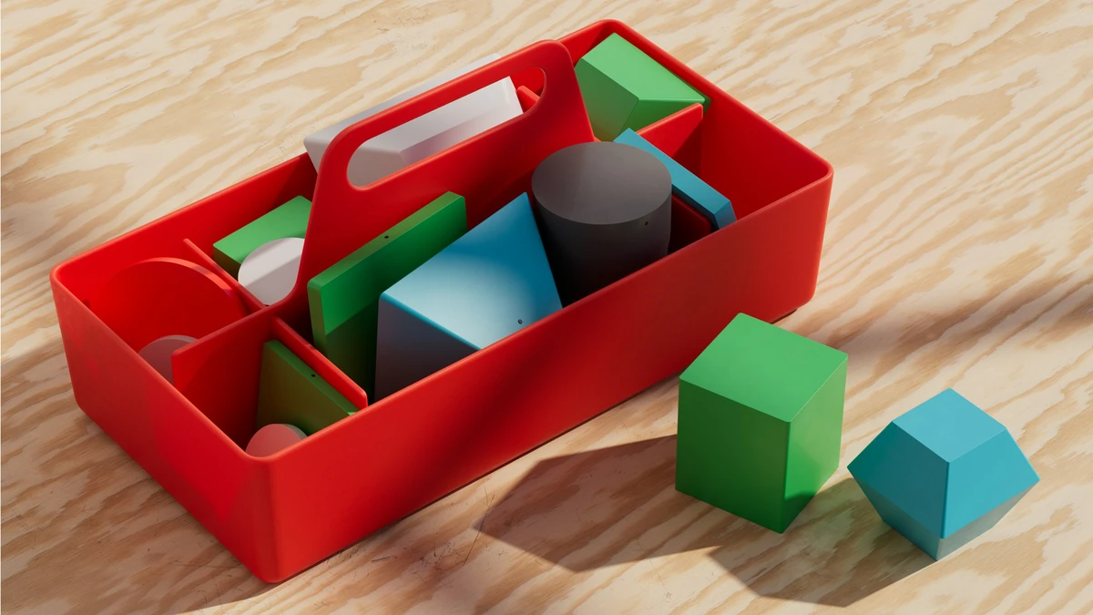 Rood dienblad met Pienso-3D-blokken