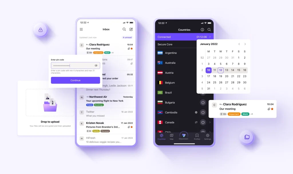 Proton Mail and Calendar app screens