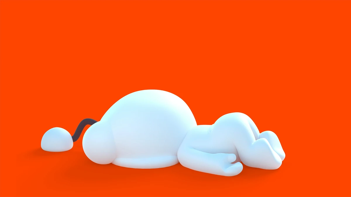 3D white Snoo lying flat on a bright orange background