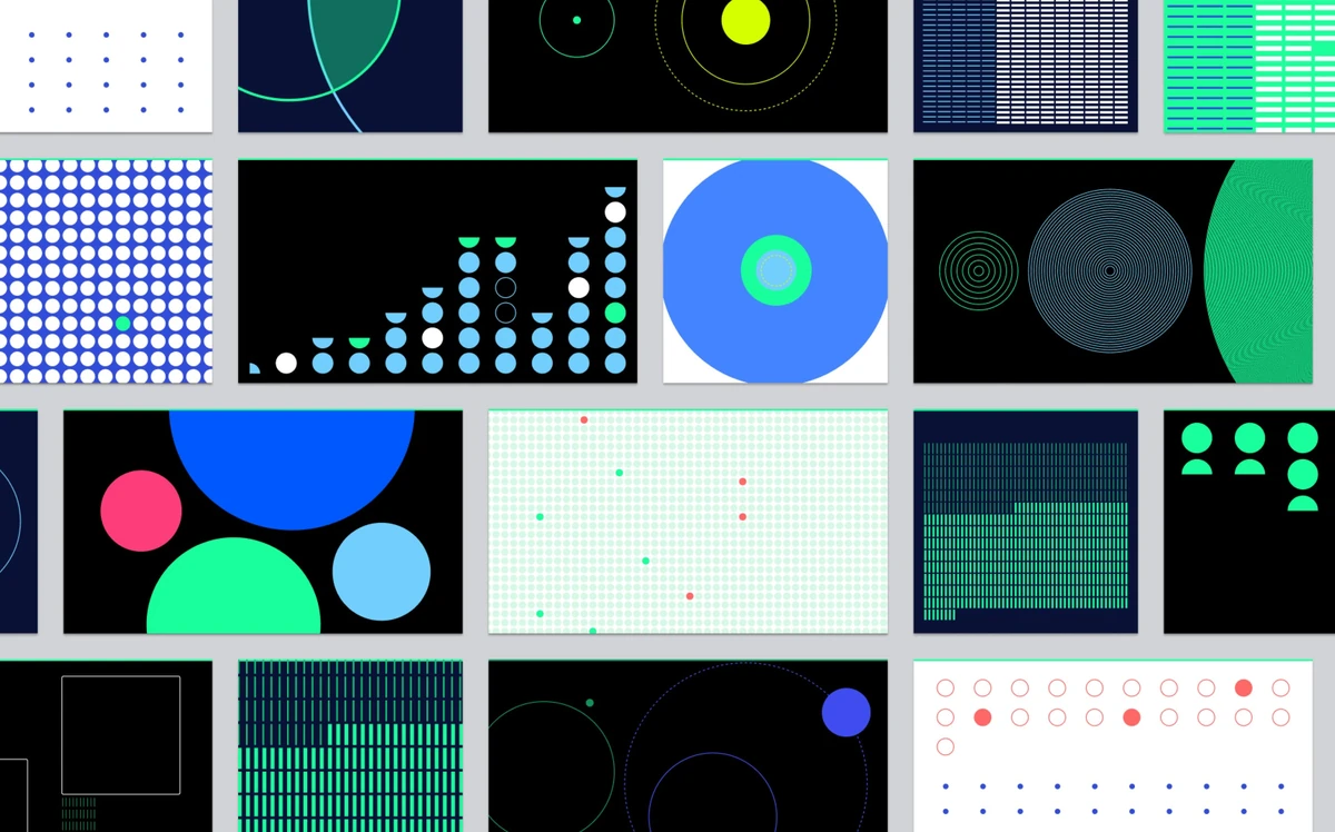 Grid of Reddit brand graphics, charts and patterns in black, blue and green