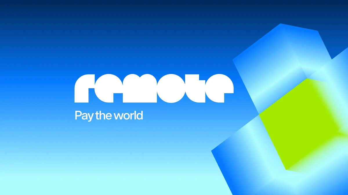 Remote-woordmerk en 'Pay the world' boven een blauw-limoengroene 3D-vorm