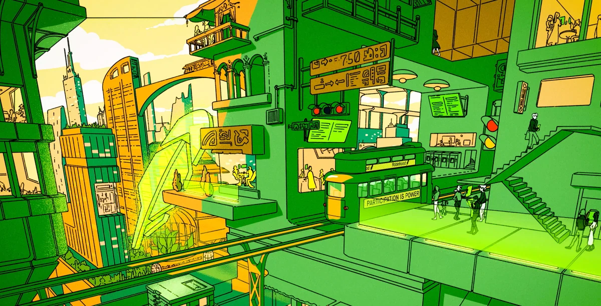 Robinhood illustration: a lush green cityscape