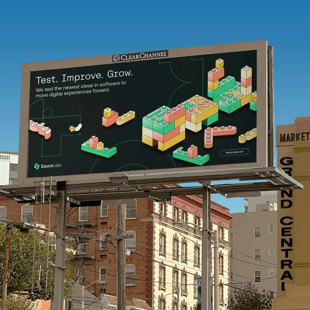 Sauce Labs billboard over a city street