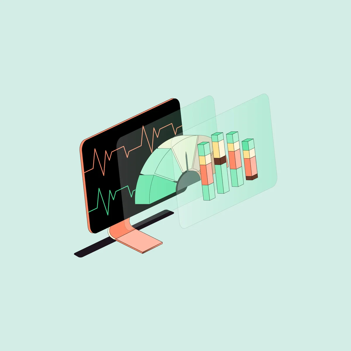 Sauce Labs laptop illustration with a test graph on mint