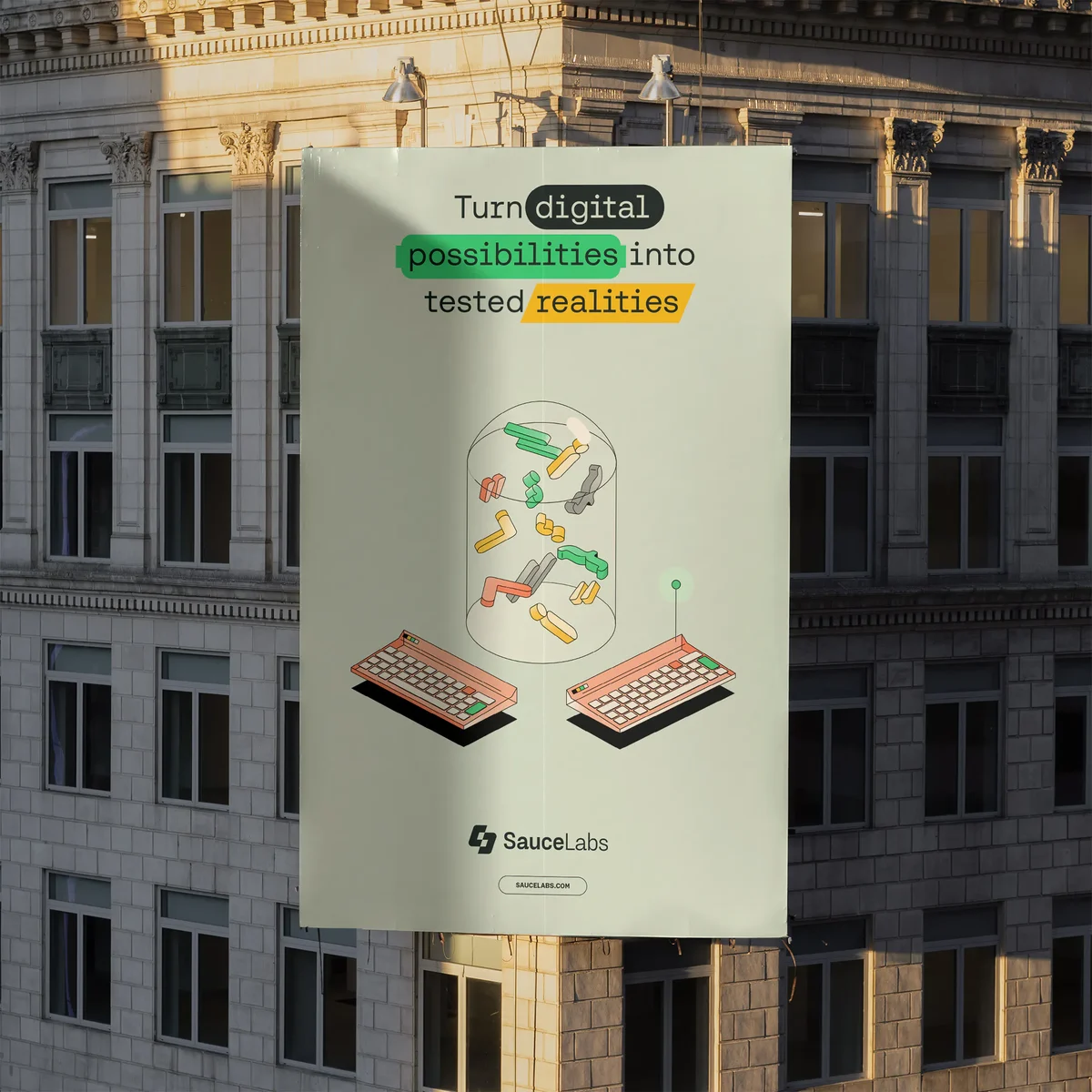 Sauce Labs posters on a building facade
