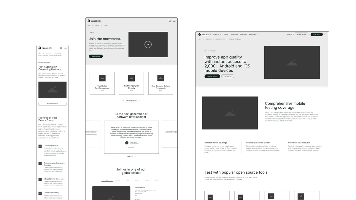 Sauce Labs website wireframes
