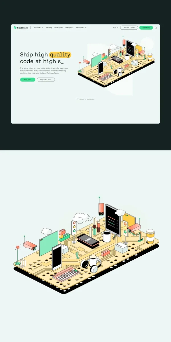 Sauce Labs isometric illustration on dark and light panels