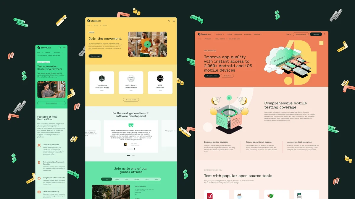 Sauce Labs website pages in yellow, orange and green