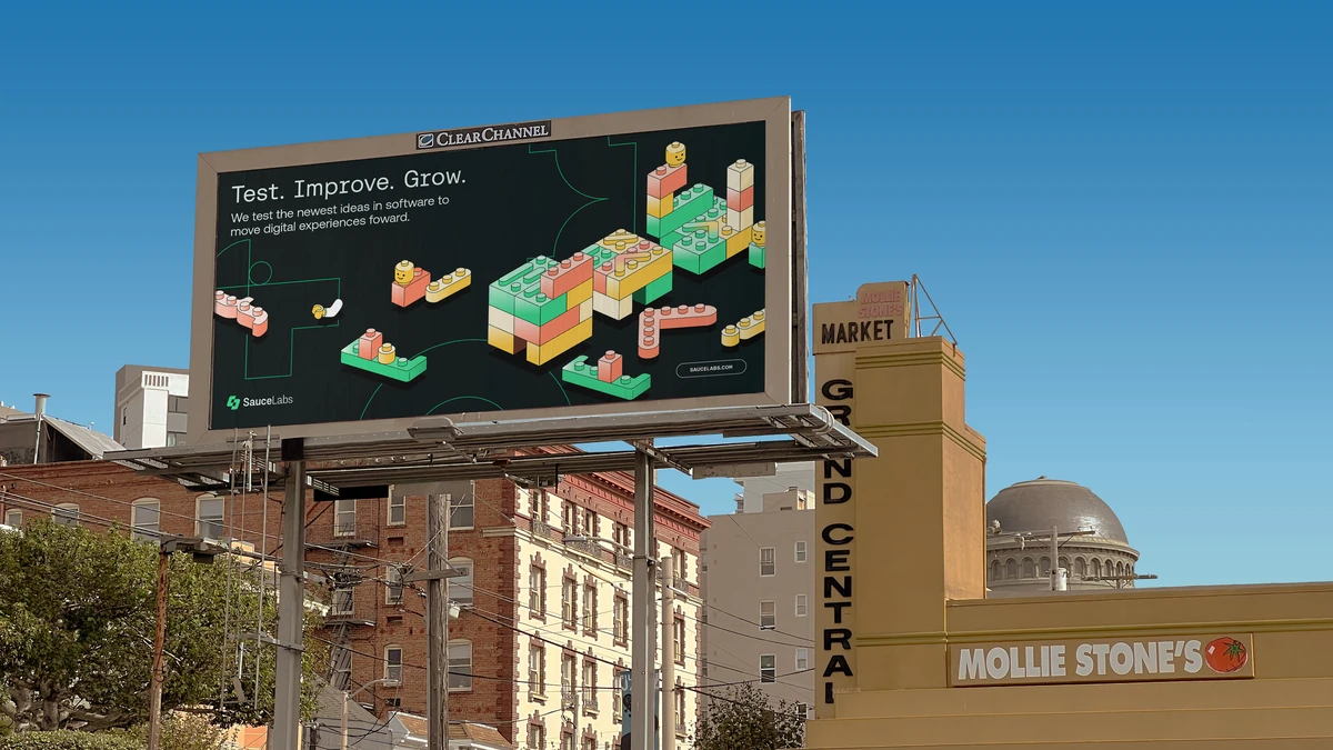 Sauce Labs billboard with colourful pixel stacks