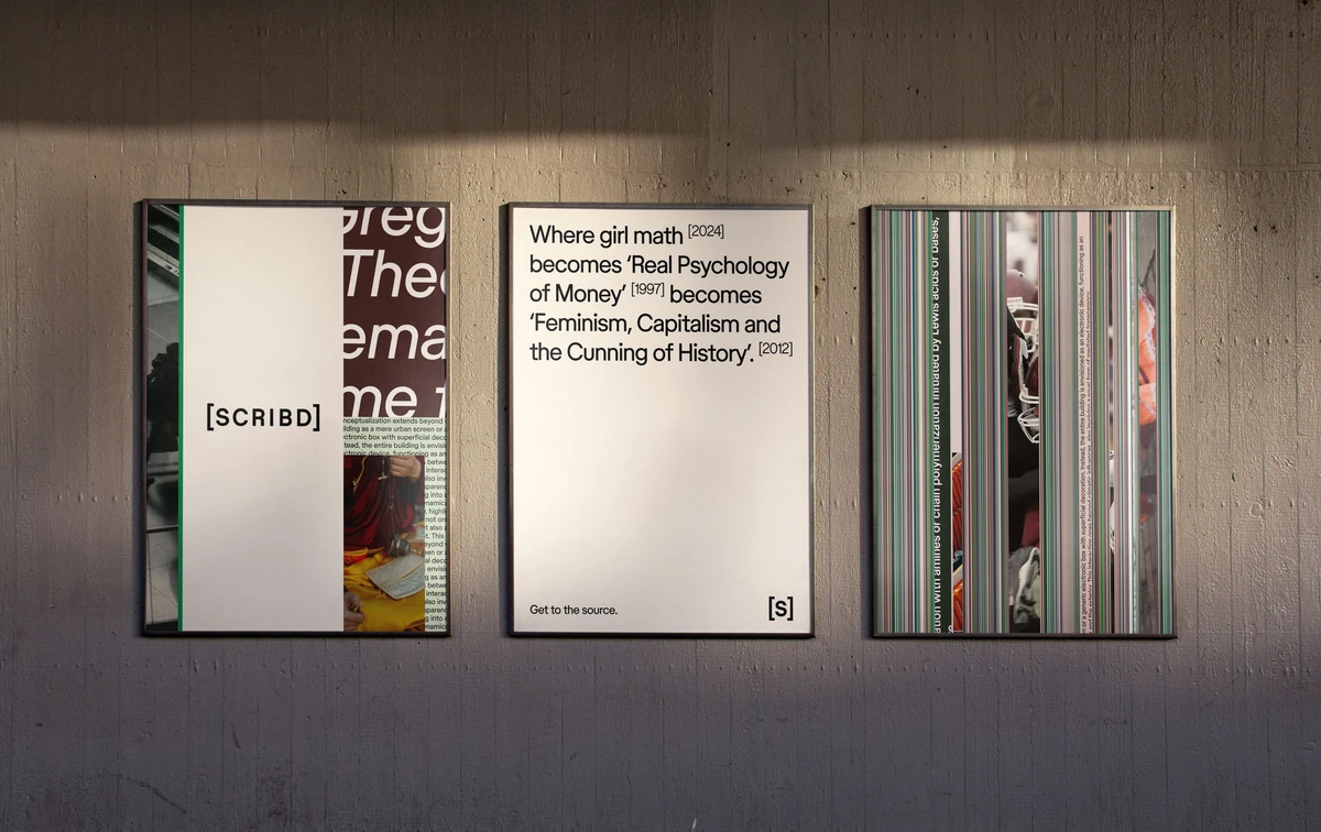 Scribd posters in a dim gallery