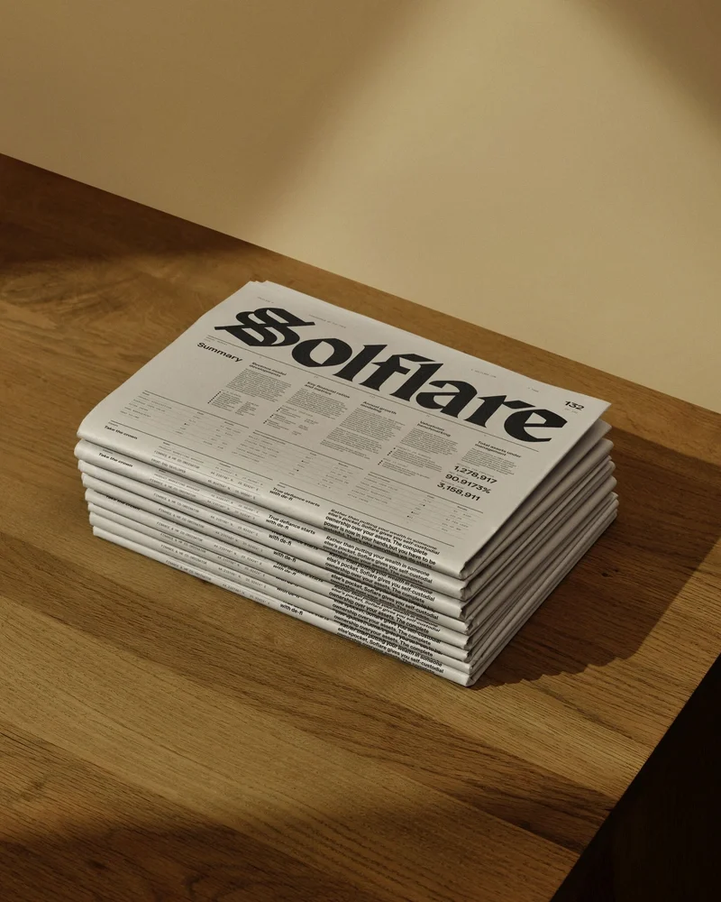 Stack of Solflare-branded printed materials on a table
